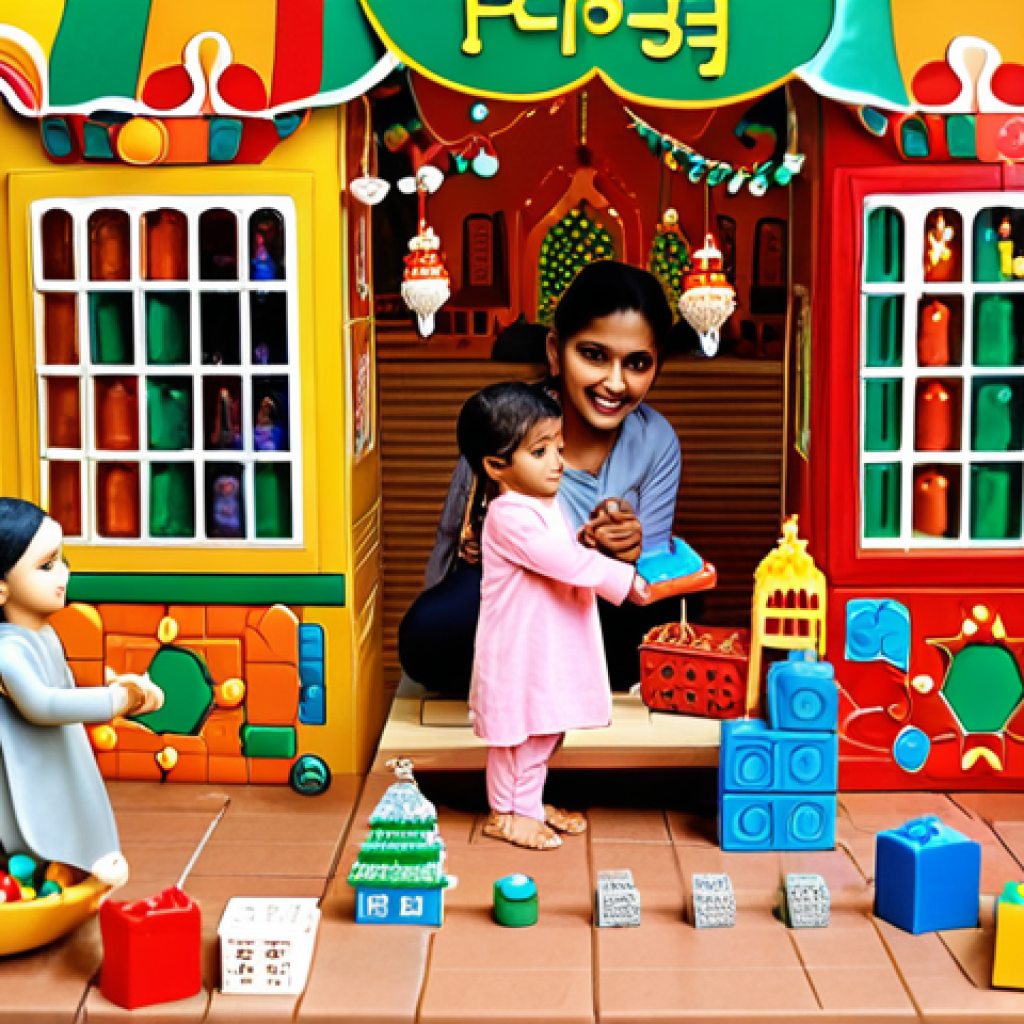 **

*   **Prompt:** A vibrant festive scene (Eid, Diwali, or Christmas) with children joyfully playing with building block toys. Stores are decorated with sale signs advertising discounts on block toys (20%-50% off). Families are exchanging gifts.

**