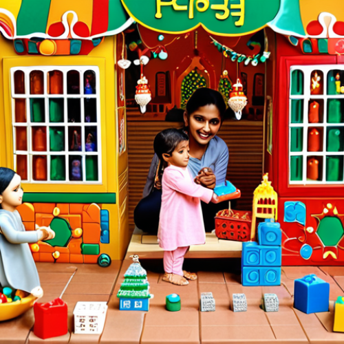 Home 4 **
* **Prompt:** A vibrant festive scene (Eid, Diwali, or Christmas) with children joyfully playing with building block toys. Stores are decorated with sale signs advertising discounts on block toys (20%-50% off). Families are exchanging gifts.
**