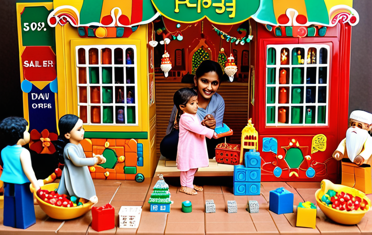 **
* **Prompt:** A vibrant festive scene (Eid, Diwali, or Christmas) with children joyfully playing with building block toys. Stores are decorated with sale signs advertising discounts on block toys (20%-50% off). Families are exchanging gifts.
**